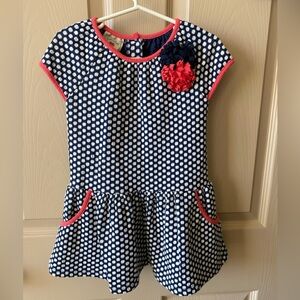 Marmatta | Navy & White dress with pink trim & Pom Pom flowers | Size 4